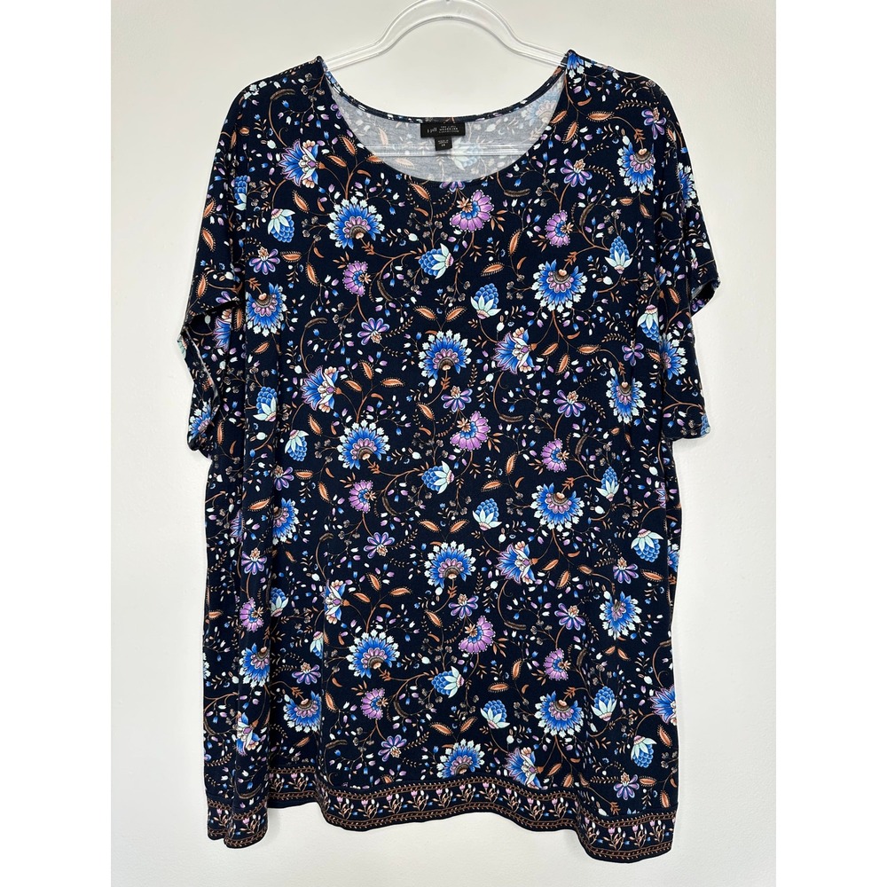 J Jill Wearever Short Sleeve Knit Top Size 2X Navy Blue Floral Boho‎ Summer